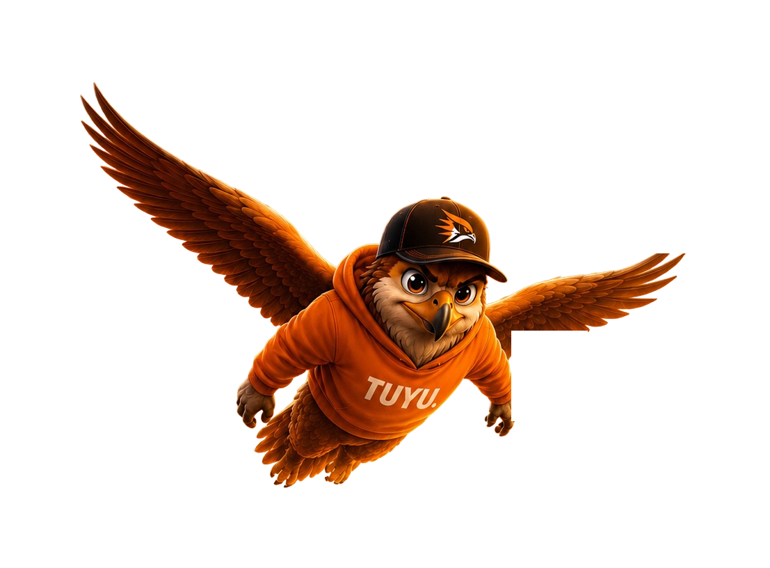 La mascotte aigle TUYU en tenue orange